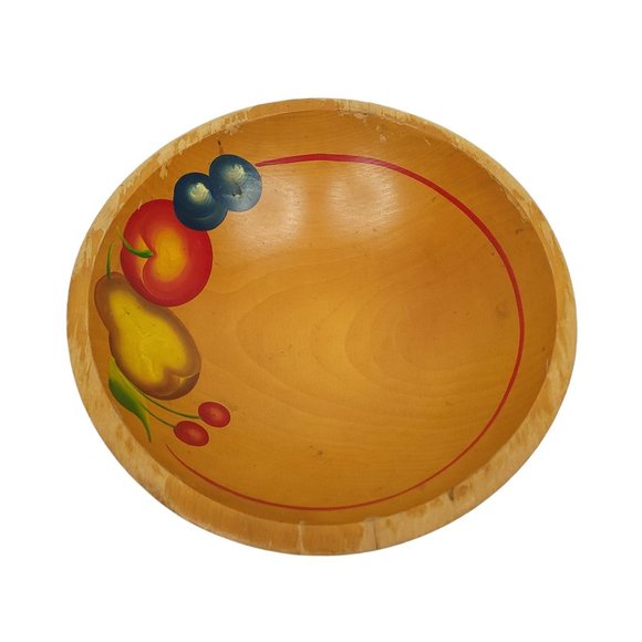 Vintage Wooden Salad Bowl Utensils Cherries Pear Apple Plums Hand Painted Oval - Picture 4 of 11